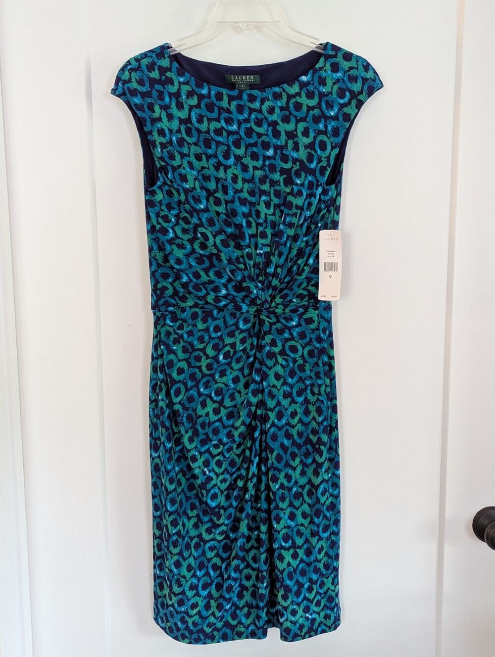 NWT Lauren Ralph Lauren Ruched Front Sheath Dress Sz 8 Green Blue Print $89